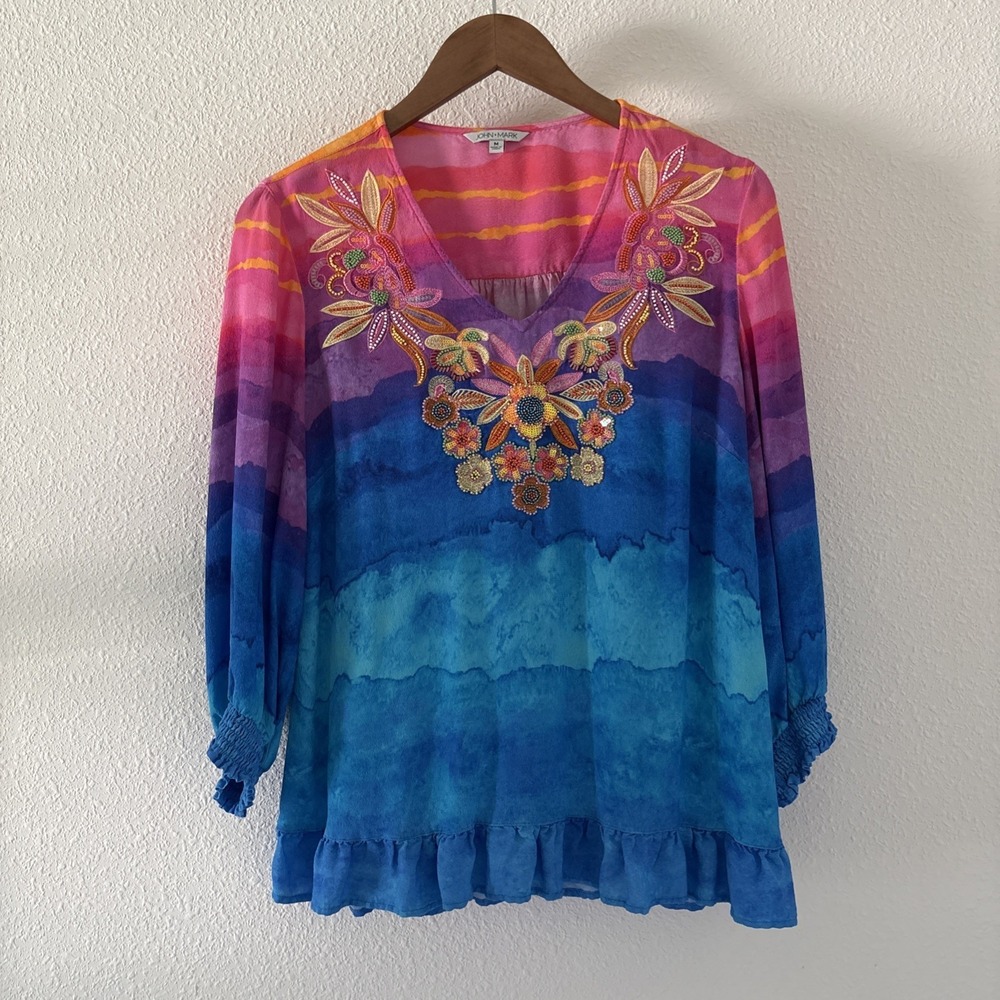 JOHN MARK Multi Water Color Ombre Shirt w/ Beading Women's Medium Tropical Vacay